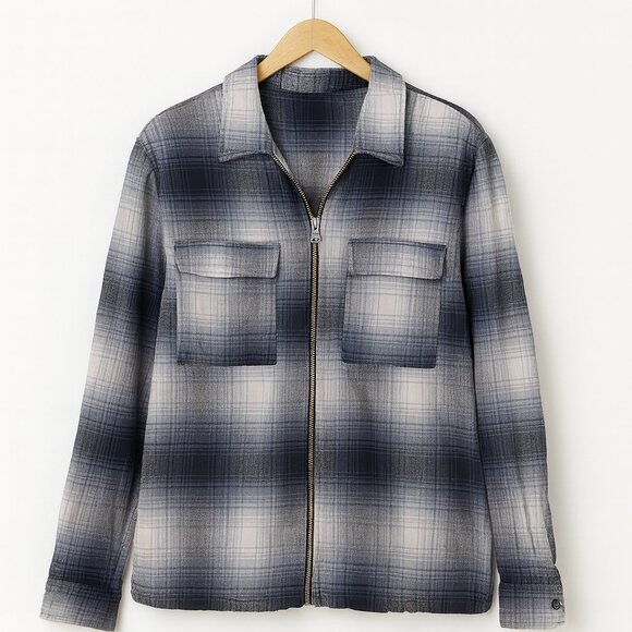 Urban Outfitters Men’s Plaid Full Zip Work Shirt – Blue/Grey (Men’s M / Women’s - Picture 1 of 5